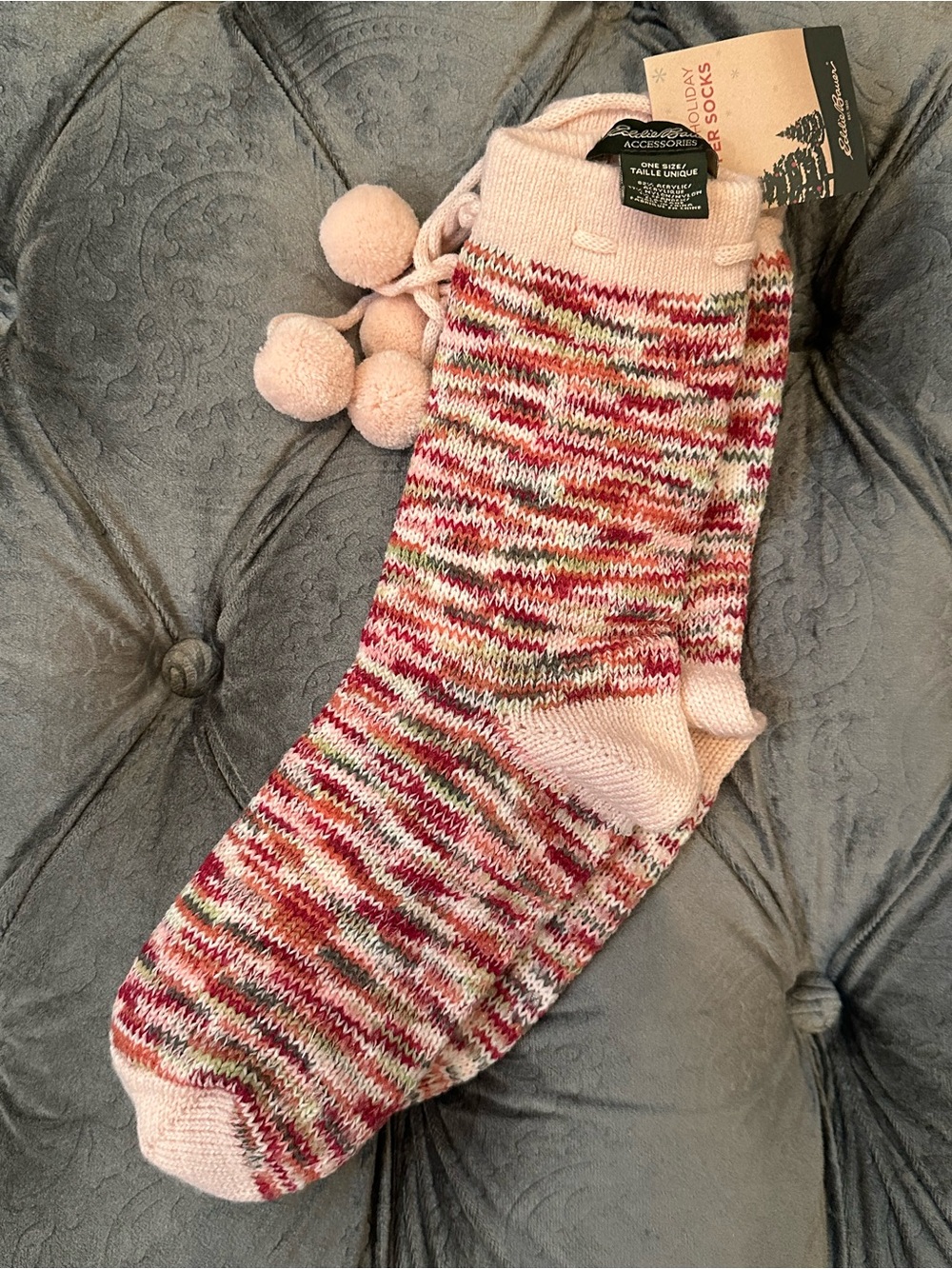 NWT Eddie Bauer Cozy Pom-Pom Knit Slipper Socks - Pink Multicolor
